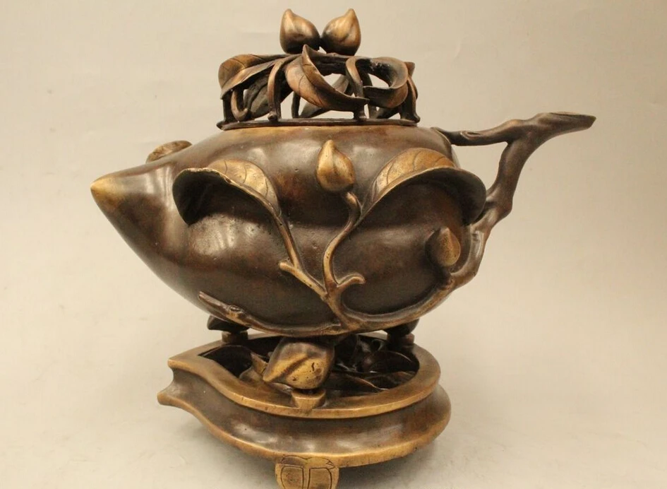 

10" Chinese Dynasty Palace Copper Longevity Peach Incense Burner Censer