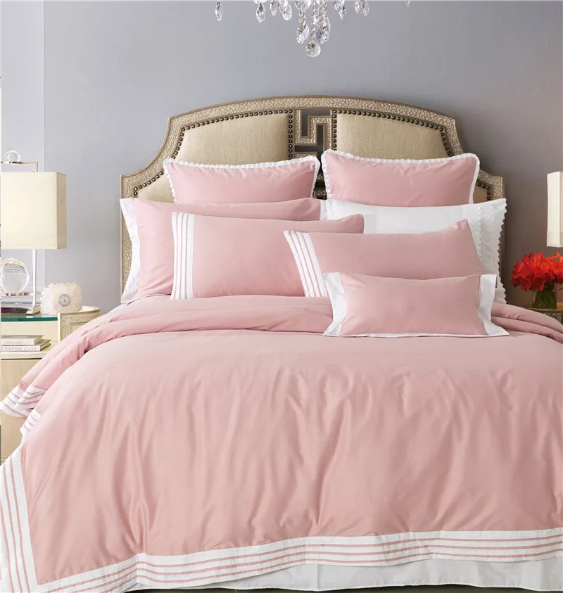 Pink 100 cotton Soft Bed sheet set Queen King Luxury Hotel Bedding