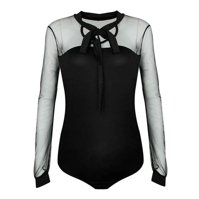 New 2019 Summer Bodysuit Women Sexy Bow Black Lace Patchwork Long Sleeve Back Ladies Lace Mesh Bodysuit Transparent Tops New 2019 Summer Bodysuit Women Sexy Bow Black Lace Patchwork Long Sleeve Back Ladies Lace Mesh Bodysuit Transparent Tops