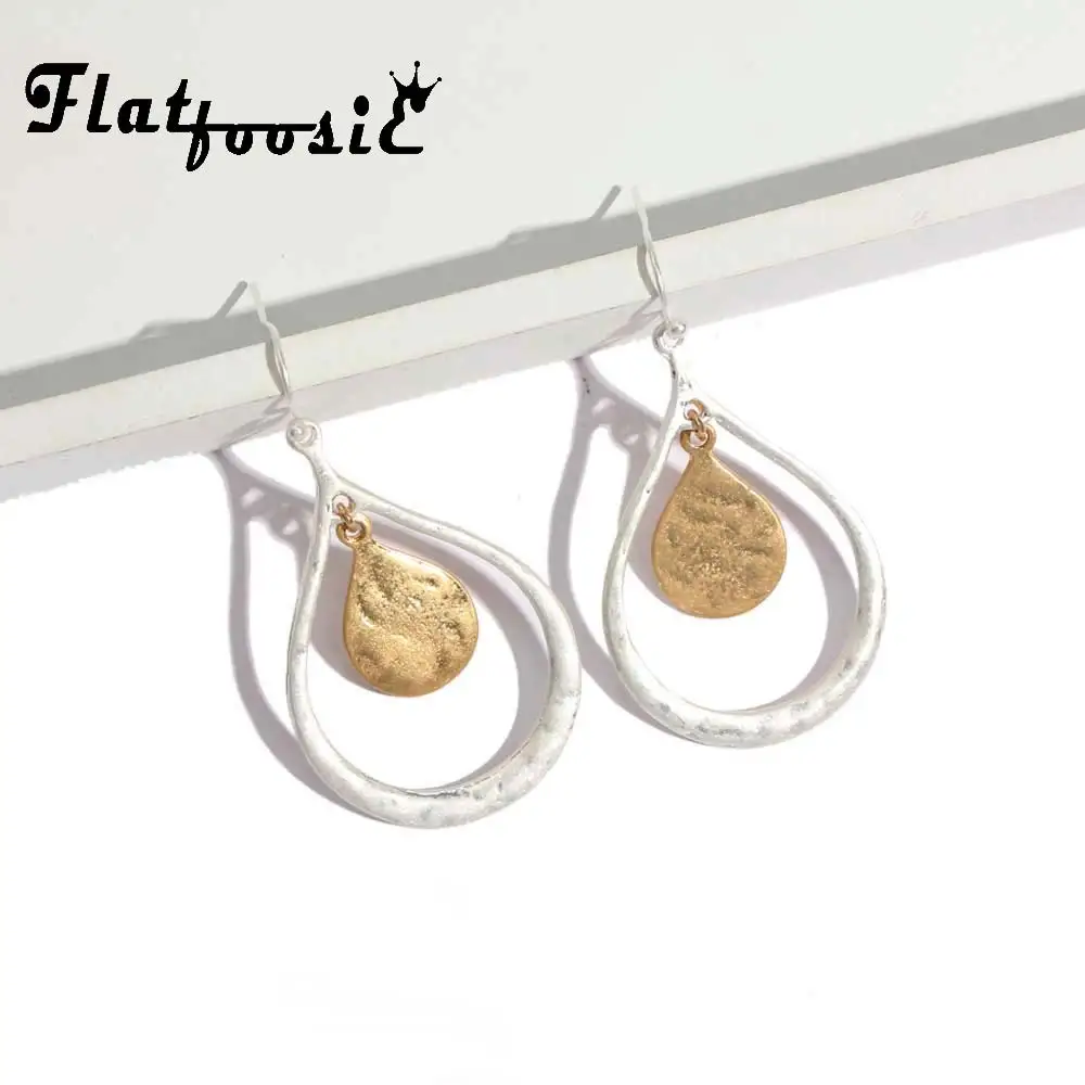 

Flatfoosie Vintage Geometry Dangle Earrings Water Drop Earring Retro Matte Gold Silver Color Ethnic New Design Jewelry For Women