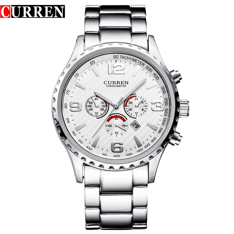 

CURREN White Full Stainless Steel Calendar Waterproof Mens Military Sport Wrist Watch Top Brand Luxury Quartz Male Clock Relogio