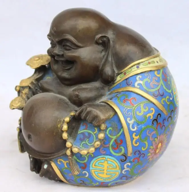 

song voge gem S6442 8" Purple Bronze Cloisonne Gilt Happy Laugh Maitreya Buddha Ruyi Beads Statue