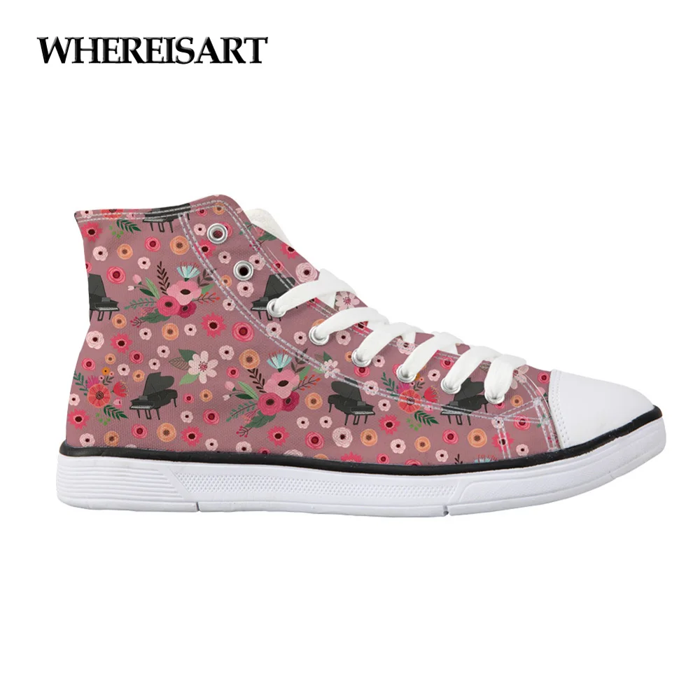 

WHEREISART High Top Women's Vulcanize Shoes Lady's Flower Piano Linen 3D Print Flats Women Canvas Sneakers Woman Zapatos Mujer