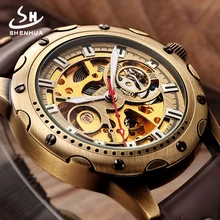 Retro Bronze Skeleton Automatic Watch Men SHENHUA Mechanical Wrist Watches Steampunk Power Self Widing Analog PU Leather Clock