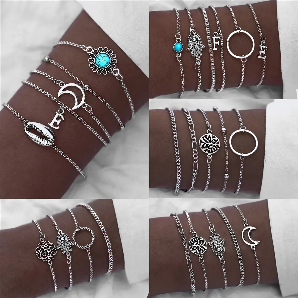 

17KM Vintage Moon Shell Link Bracelets Set For Women Bijoux Silver Color Bracelet Bangles Adjustable Female Jewelry Boho Gifts