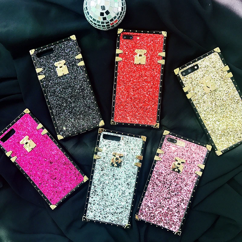 

Girl Glitter Square Mobile Phone Case For iPhone 6 s plus 7 8 Shiny Silicone Women Trunk Cover For iPhone XS MAX XR X Case Bling