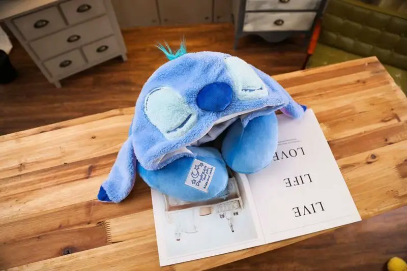 Disney Stitch plush doll car travel neck pillow hat u-shaped pillow office nap pillow portable aircraft sleep lady neck pillow