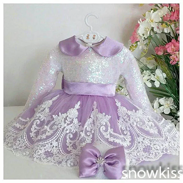 Светло-фиолетовый одежда с длинным рукавом Кружево цветок платья для девочек Фиолетовый Детское праздничное платье для дня рождения для малышей бальный наряд принцессы для малышей пышные наряд