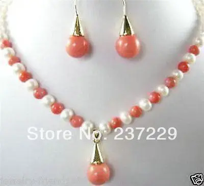 

Wholesale price FREE SHIPPING aJEWELRY 7-8MM PINK CORAL WITH WHITE PEARL EARRING NECKLACE SETS (A0423) -Bride jewelry free shipp