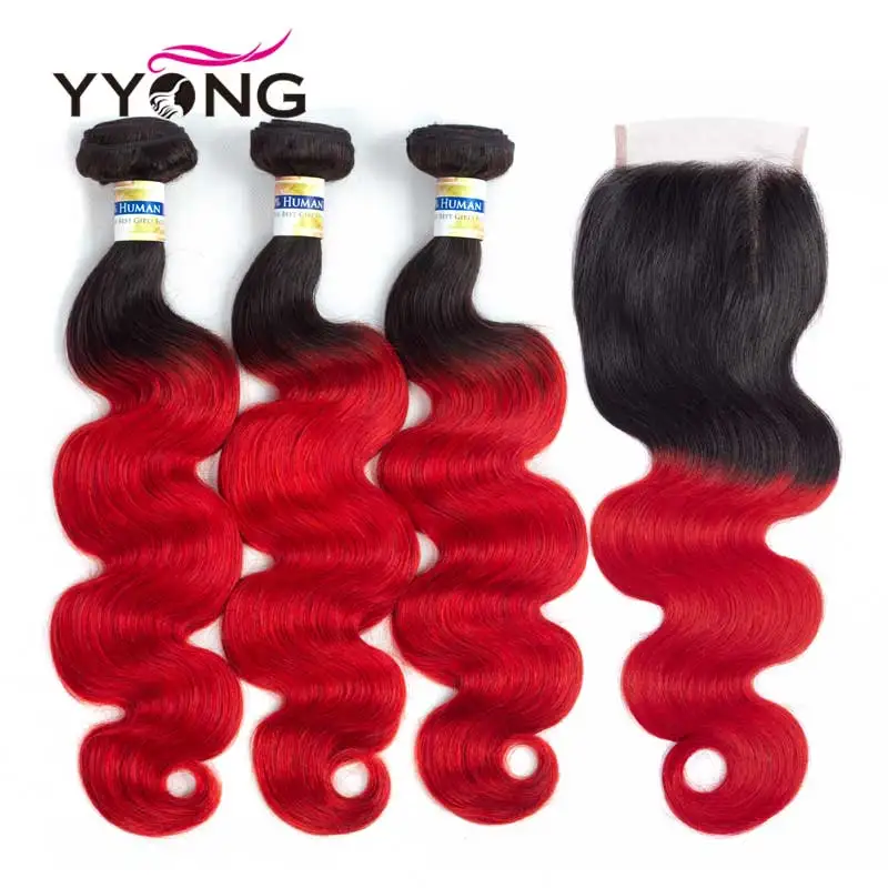 

Yyong 1B Red Ombre Hair Brazilian Body Wave 3 Bundles With Closure Pre-Colored Lace Closure Non-Remy Hair Weave