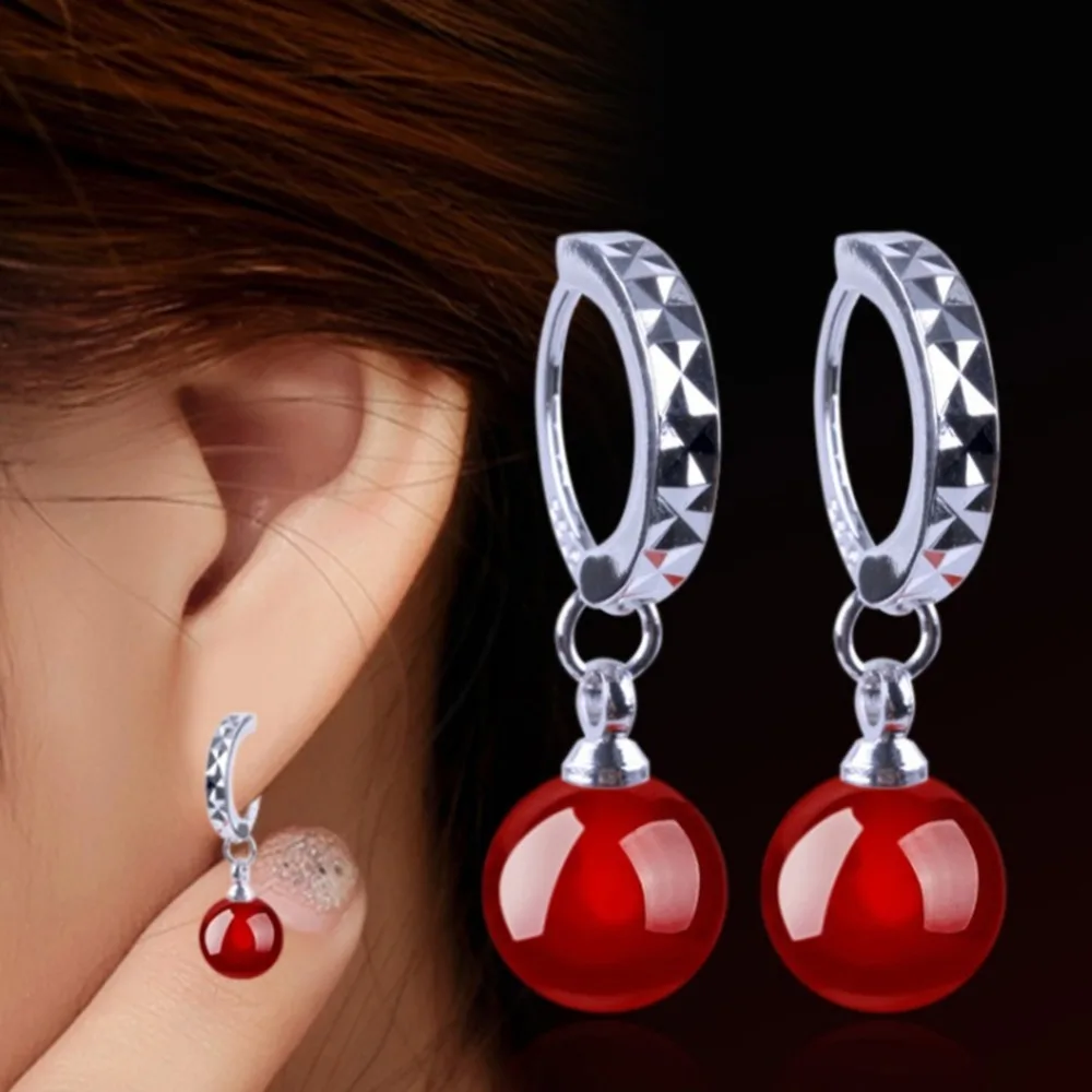 

1 Pair Silver Color Hoop Earrings With Onyx Stones For Women Wedding Earings Jewelry Red Black