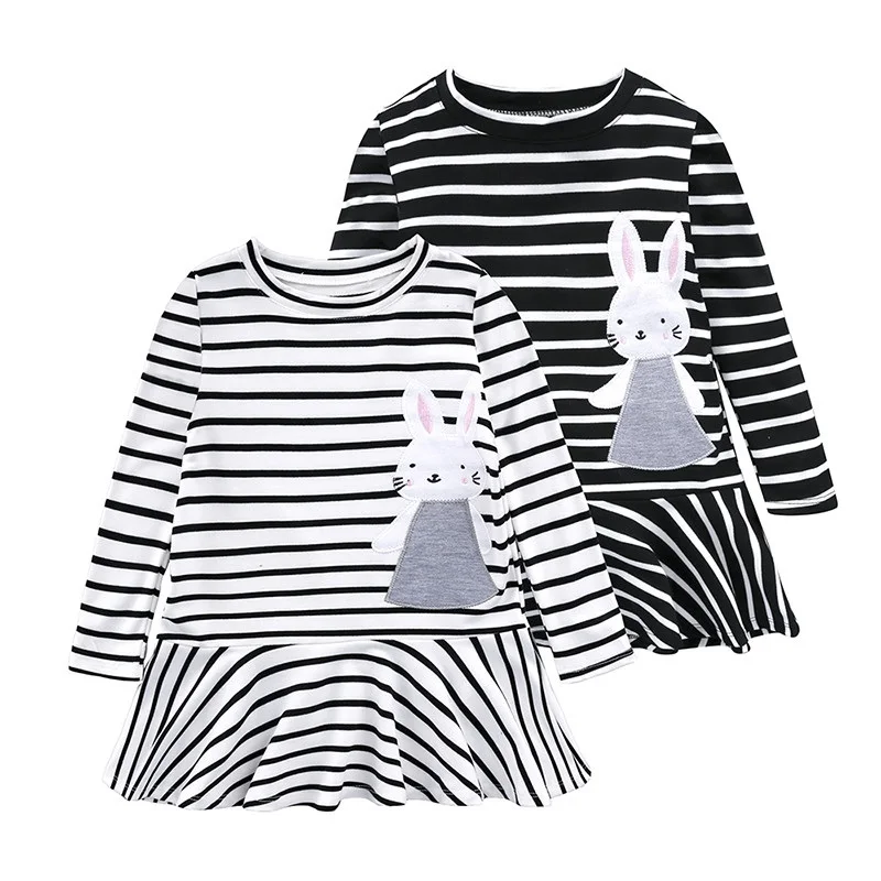 

2019 Girl 2-6y cute Autumn children's clothing with long sleeves cotton strip with round neck rabbit embroider Design Dresses