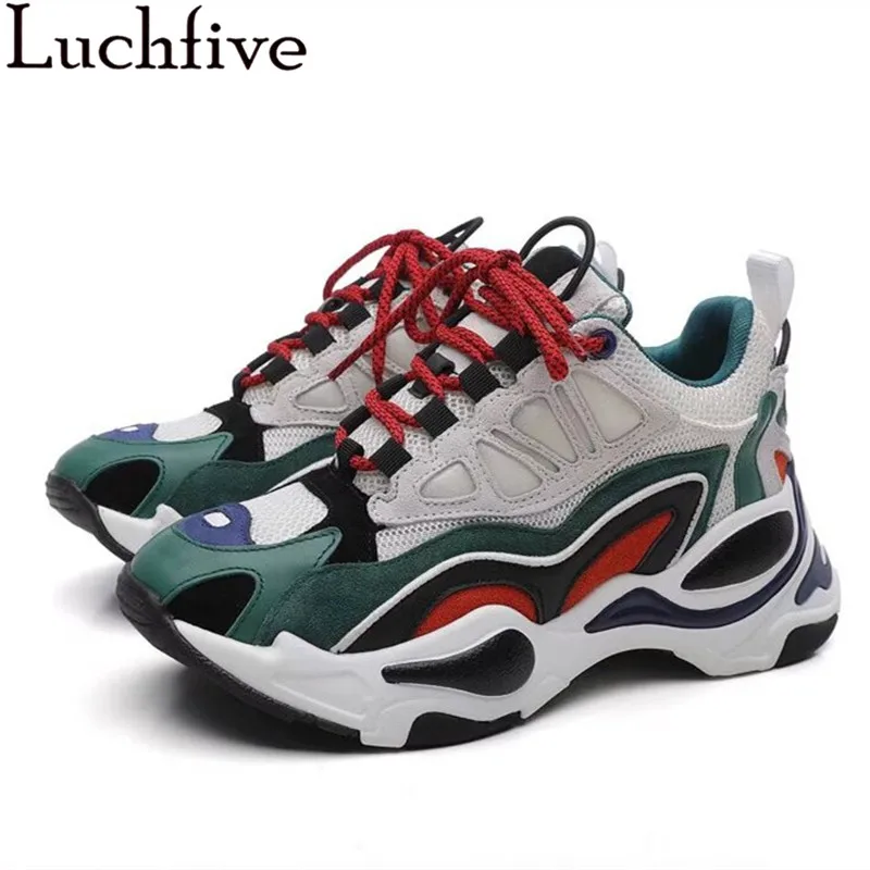 

Fashion High Platform Casual Sneakers Woman Mixed Color Suede Round Toe Spring Autumn Single Shoes Thick Bottom Flat Shoes Women