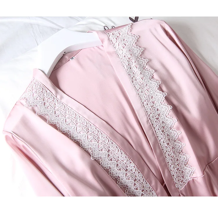 Пижамы 4 шт набор женский костюм шелковые сексуальные кружевные боковые пижамы домашний сервис Осенняя Пижама пижамный комплект Дамская одежда для сна