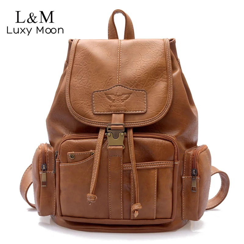Vintage Women Backpack High Quality Leather School Bags for Teenage Girls Large Drawstring Backpacks Black Brown Rucksack XA50H