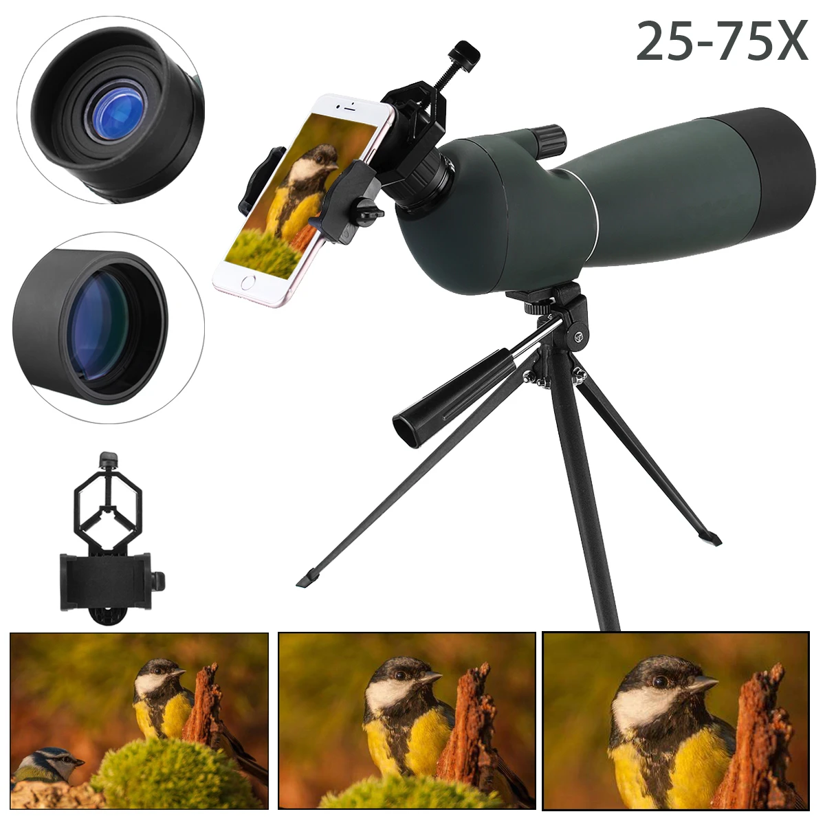 

25-75X70 Zoom Telescope Monocular Waterproof Shockproof Spotting Scope Binoculars with Tripod Phone Holder for Birdwatching