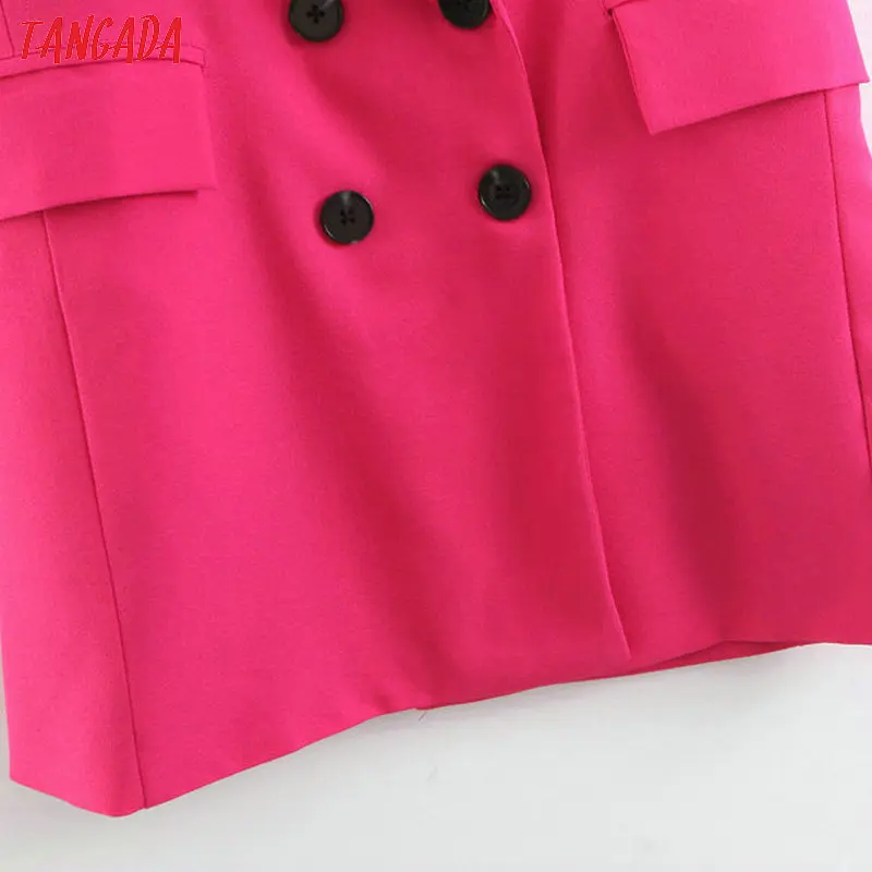 Tangada woman pockets hotpink long vest coat office ladies waistcoat sleeveless blazer double breasted outwear elegant top SL409