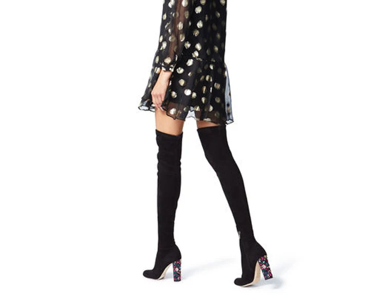 

2018 Latest Genuine Leather Designer Colored Crystal Heel Suede Over The Knee Boots 10cm Heel
