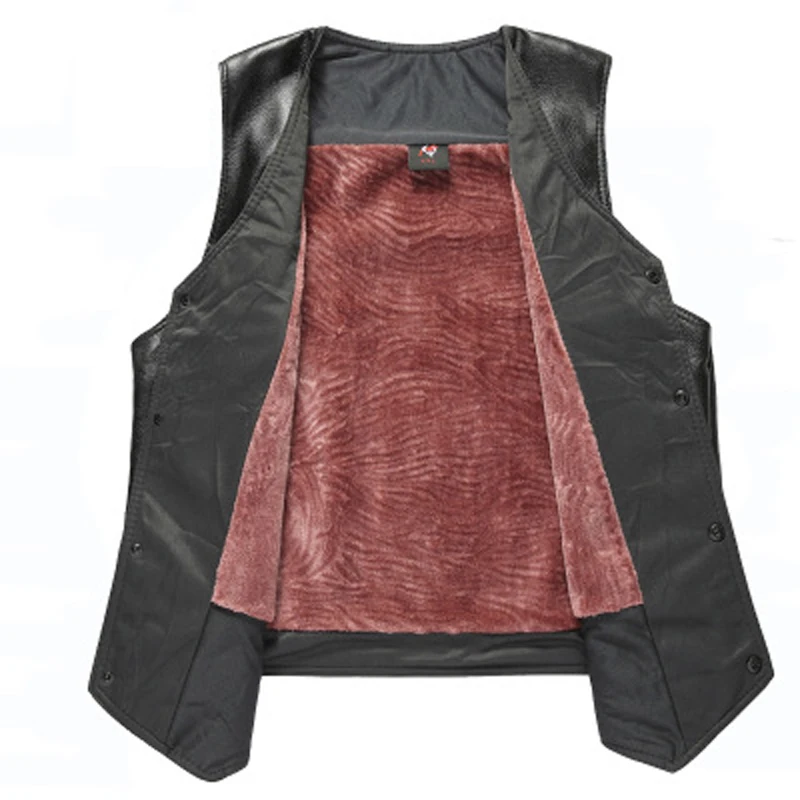 High quality new Winter men motorbike leather vest with fleece thickening middle aged V neck vest shoulders to keep warm