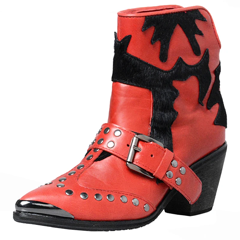 Winter Leather Besetzt leather Sexy Lining Neue Schnalle Schuhe Spitz Echtem Lining Junbie Cowboy Stiefeletten plush Stiefel Lining Frauen Metall Leder APRwx6q