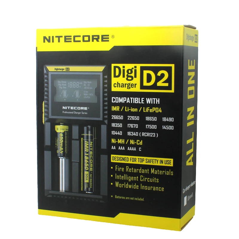 Nitecore D2 Digi Зарядное устройство ЖК-дисплей интеллектуальная схема глобального страхования Li-Ion 18650 26650 16340 14500 AA AAA автомобиля Батарея Зарядное устройство ЕС