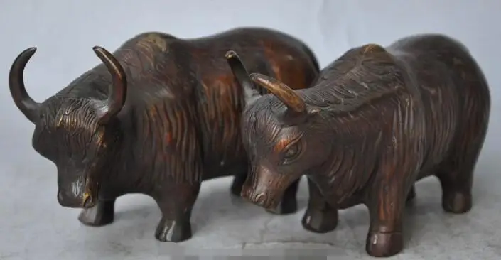 

S06071 7" marked chinese folk fengshui bronze animal Yak oxen Bos grunniens statue pair
