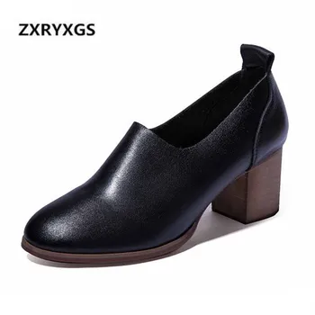 

2019 Spring New Fashion Black Genuine Leather Shoes Woman Round Head Comfort Women High Heel Shoes Non-slip Fashion Work Shoes