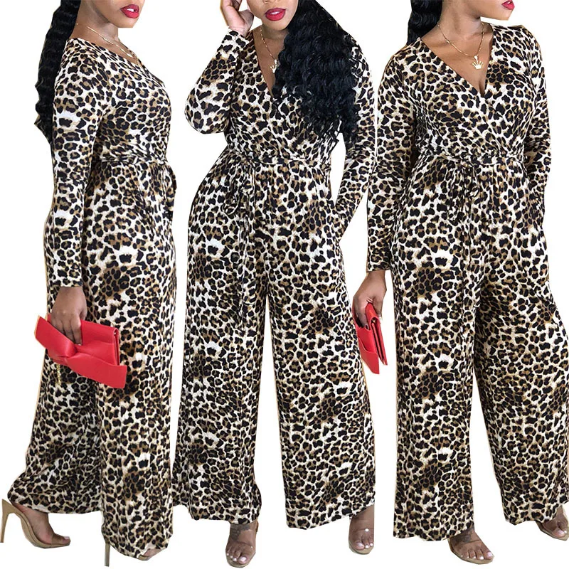

2018 Autumn New Women's European And American Sexy Large Size V-neck Long-sleeved Leopard Jumpsuit