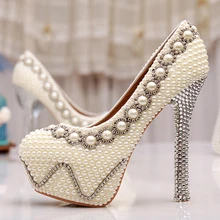 Free Shipping 5 Inches White Pearl Wedding Shoes Rhinestone Bridal High Heels Sexy Prom Pumps Ivory Bridesmaid Shoes Large Size