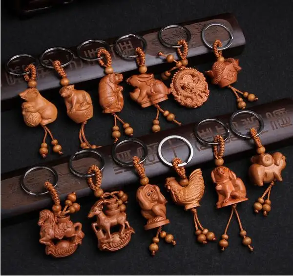 Натурального дерева 12 зодиакальный брелок для детей «унисекс» для детей животных обезьянья, овца со змеиным рисунком дракона и тигра брелки для ключей кольцо для ключей