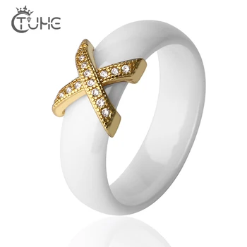 

America Style Gold Cross Ring for Women Men Fashion White Black Real Ceramic Ring Jewelry Wedding Engagement Rings Mother Gift