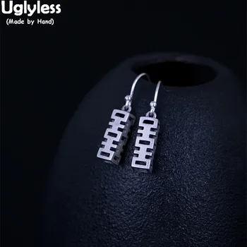 

Uglyless Real 925 Sterling Silver Square Earrings for Women Hollow China Cultural Character XI HAPPY Earrings Ethnic Maze Brinco