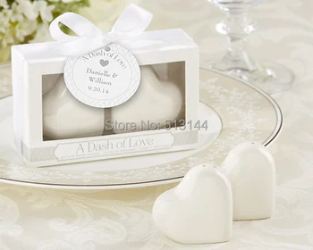 

Free Shipping 100sets /lot(sets of 2) "A Dash of Love" Ceramic Heart Salt&Pepper Shakers Wedding Favors Bridal Shower Ideas
