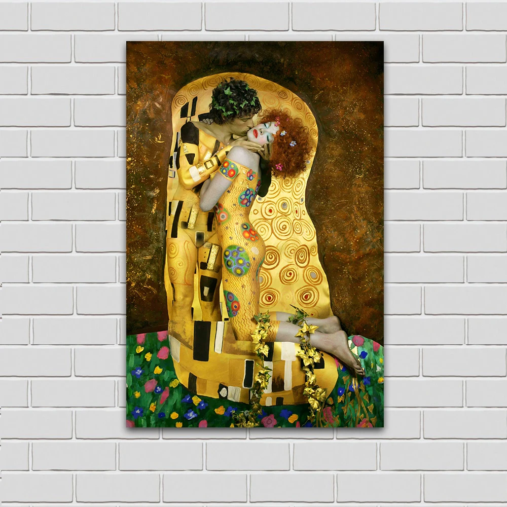 JQHYART холст искусство настенные картины для гостиной Gustav Klimt Sytle поцелуй фото с изображением картины маслом принты для домашнего декора