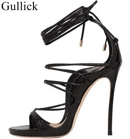 Elegant Python Printed Snakeskin Leather Sandals Peep Toe Stiletto Heels Gladiator Sandals Woman Lace-up Strappy Dress Shoes strappy dress with lace up detail