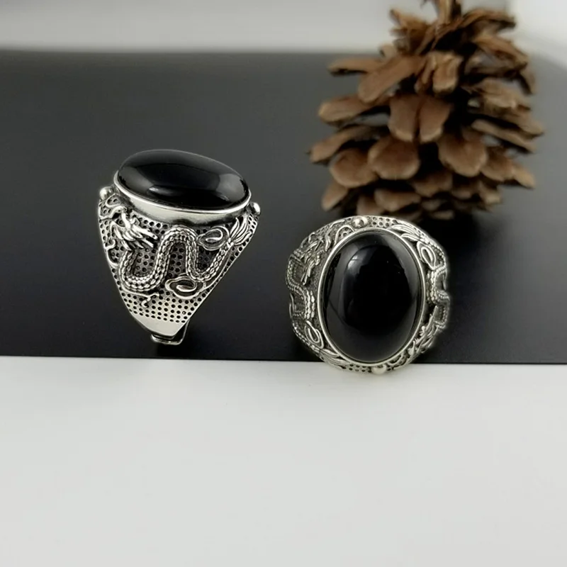 

Pure 925 Sterling Silver Adjustable Rings For Man With Stones Natural Black Onyx Dragon Engraved Retro Vintage Thai Silver Ring