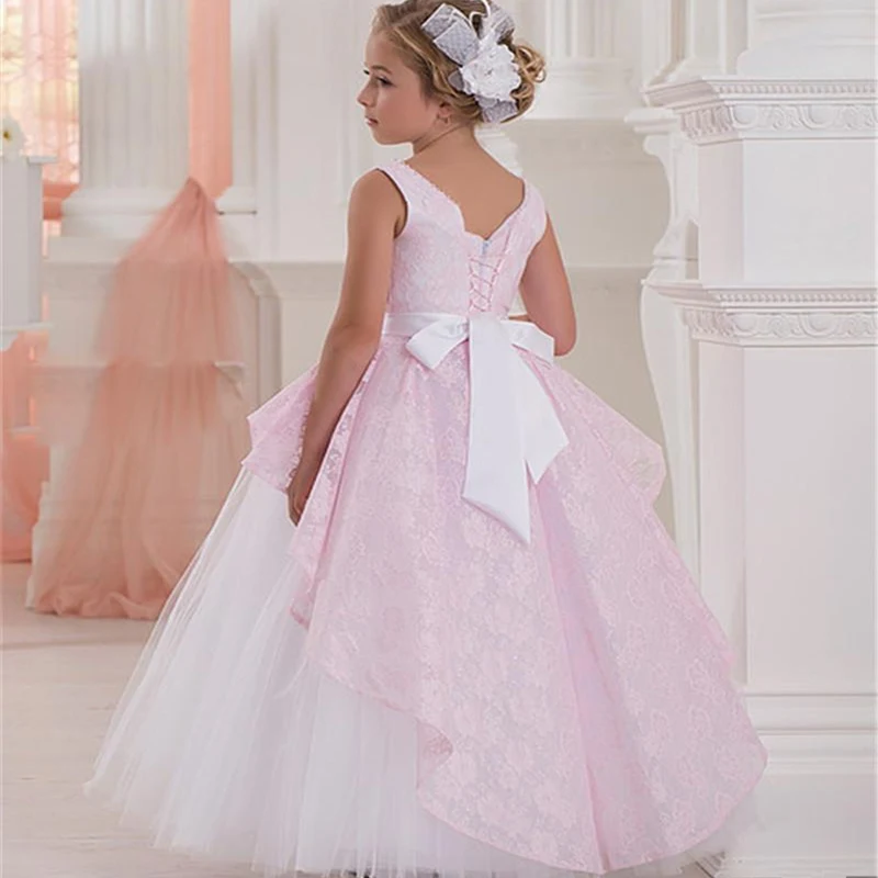 

Princess Pink Butterfly Beading Lace A-line Flower Girls Dresses Full Sleeve Ruffle First Communion Special Occasion Dress
