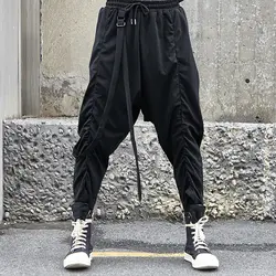 Для мужчин Мода готический шаровары Японии уличной хип-хоп повседневные мужские брюки ленты свободные кросс-брюки сценические костюмы