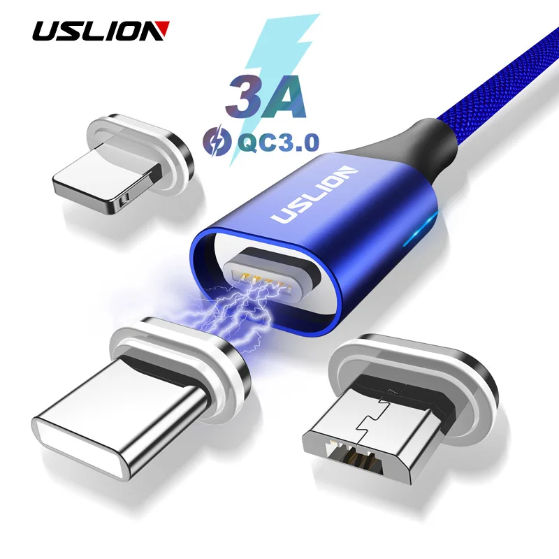 

USLION Magnetic Cable for Micro USB Type C For iPhone X Samsung Xiaomi Huawei 1M 3A Fast Charging Wire Type C Mobile Phone Cable
