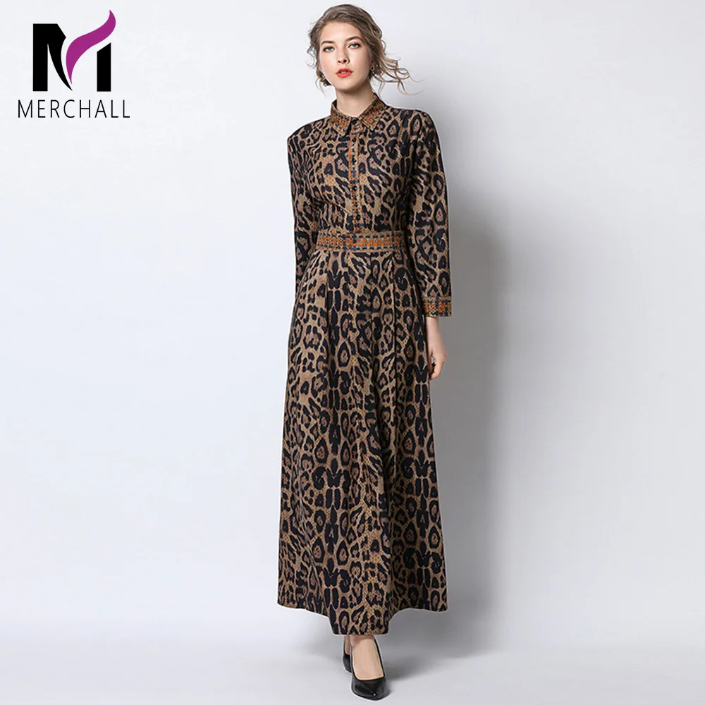Merchall модные Подиумные платья-Макси с длинным рукавом Женские Элегантные вечерние с леопардовым принтом Длинные вечерние платья праздничные платья