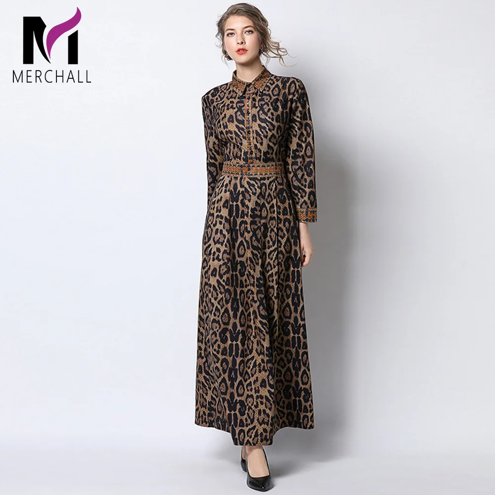 Merchall модные Подиумные Длинные рукава макси платья женские элегантные вечерние винтажные леопардовые принты длинное вечерние платье