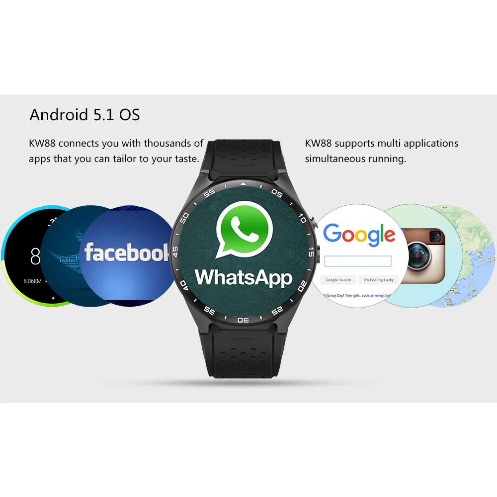  Time Owner KW88 Android 5.1 Smart Watch Phone MTK6580 Quad Core 1.3GHZ ROM 4GB RAM 512MB 1.39 inch 