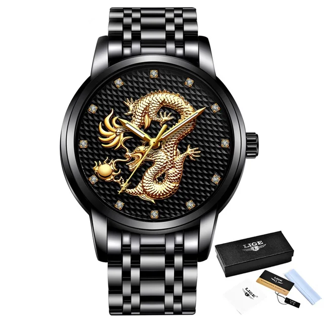 2021 LIGE New Golden Mens Watches Top Brand Luxury Chinese Dragon Watch Business Full Steel Quartz Clock Male Relogio Masculino Full black S