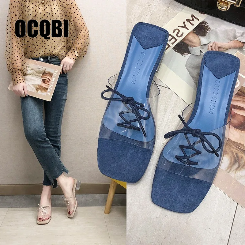 

Spring Women Slippers PVC Lace-up Female Mules Fashion Low Heels Shoe Opem Toe Elegant Woman Slippers Luxury Crystal Heels Shoe