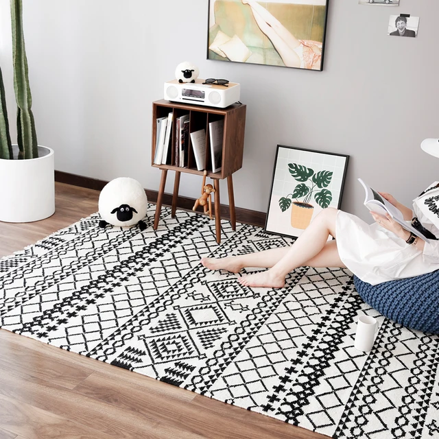 Collalily Kilim Handmade Carpet Geometric Bohemia Indian Rug Plaid Collalily Kilim Handmade Carpet Geometric Bohemia Indian Rug Plaid Striped Modern Black White Design Nordic Style