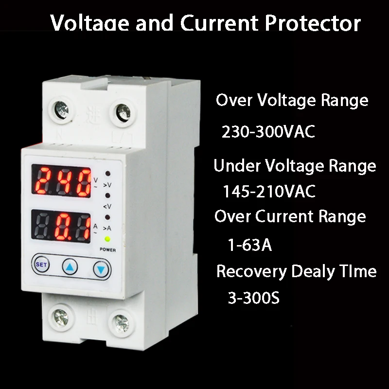 63A 230V din-рейка регулируемое перенапряжение и под напряжением защитное устройство предохранитель реле с защитой от перегрузки по току