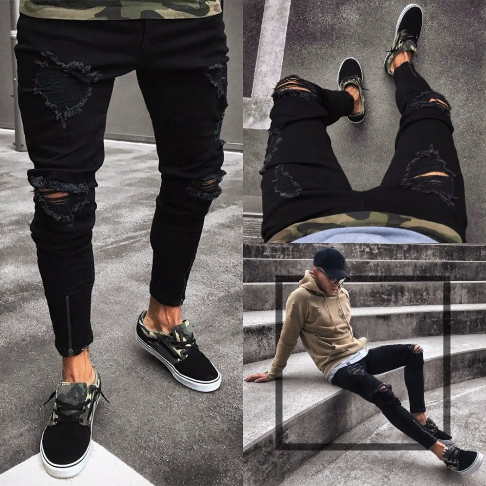 Ripped Jeans Hi Street Fashion Zipper Biker Jeans Black Skinny Jeans Men