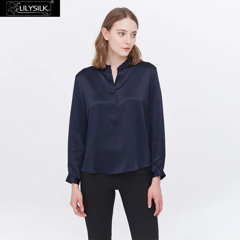 LilySilk шелковая блузка со стоячим воротником Повседневная Женская Новая - Цвет: Navy Blue