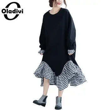 

Oladivi Plus Size Women Velvet Hoodies Ladies Casual Loose Plaid Pachwork Sweatshirts Female Long Warm Top Tunics Vestidos Black