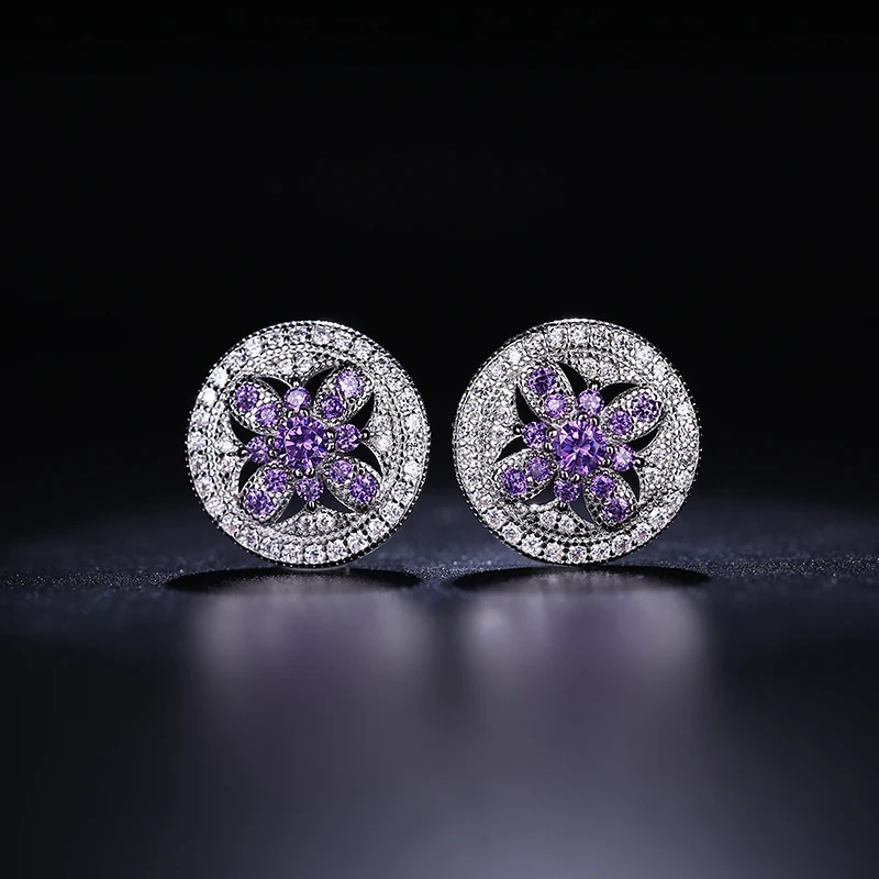 

SEVENA Korean Earrings For Women Accessories AAA Cubic Zircon Purple Stone Round Fashion Silver Party Jewelry CZ Earrings 2019